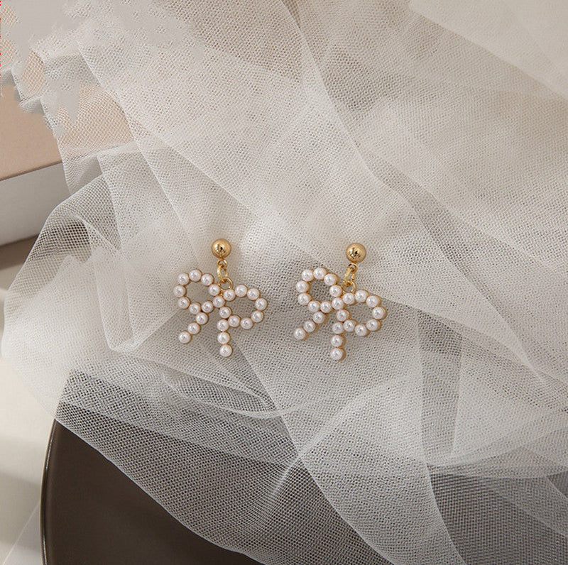 Pearl Dangle Hollow Bow Earrings