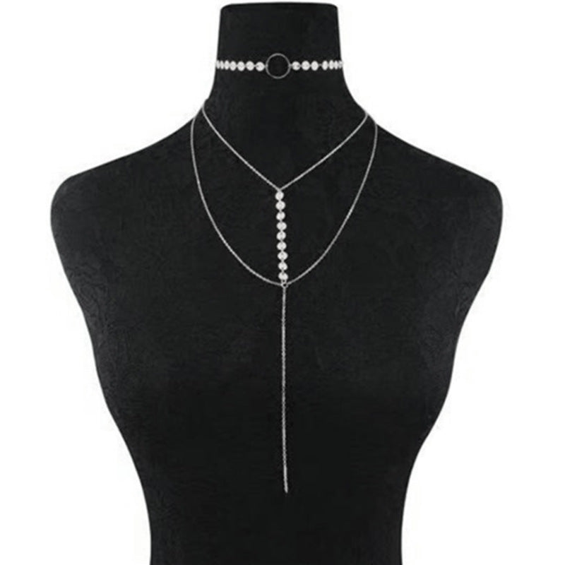 Multi Layered Chain Round Disc Choker Necklace