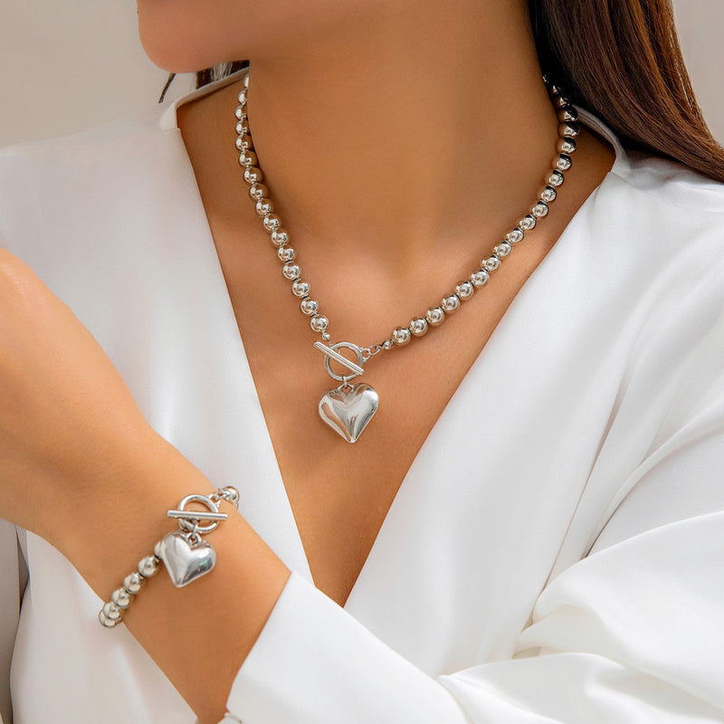 Pearl Beaded love Pendant Bracelet Necklace Set