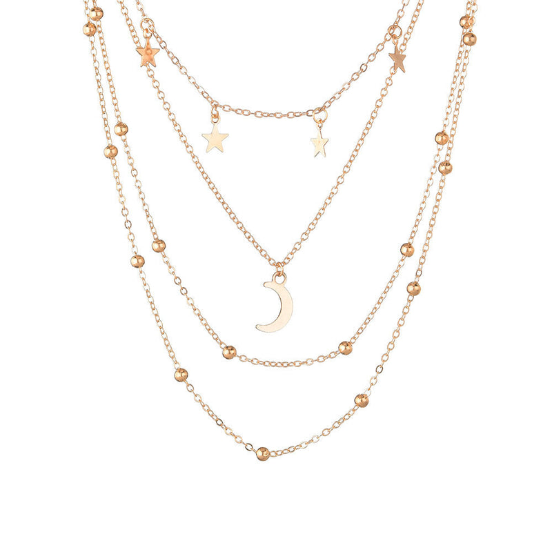 Fashion Star and Moon Three Layer Plated Gold Necklace