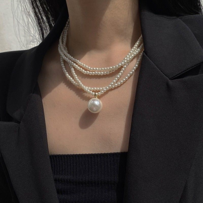 Imitation Pearl Choker Necklace Vintage Multi Strands Pearl Pendant Necklace