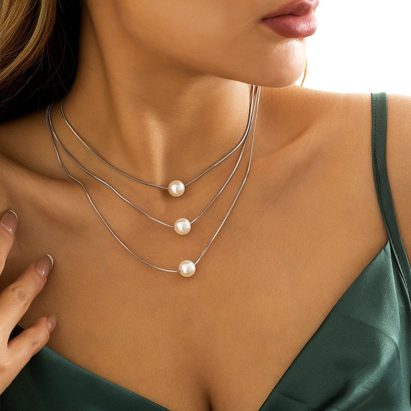 3-Layer Pearl Pendant Necklace - Fashionable Multi Strand Jewelry