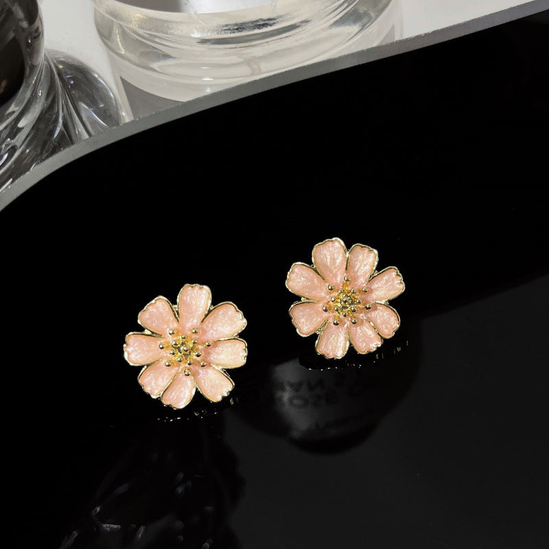 Pink Enamel Floral Stud Earrings