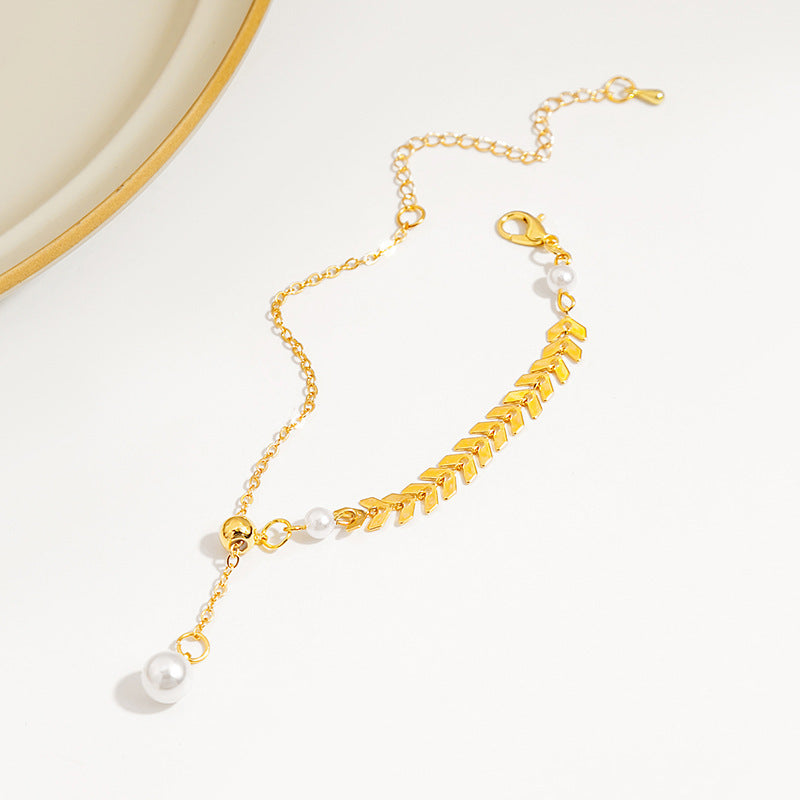 Wheat Pearl Necklace Chic Boho Fish Tail Leaf