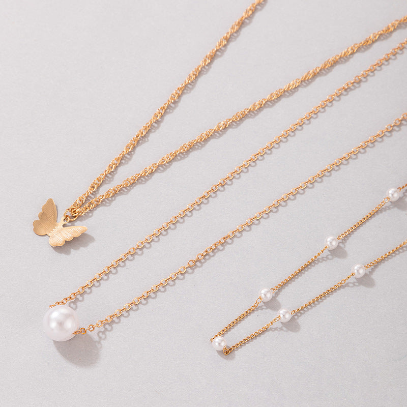 Multi Layers Pearl Butterfly Charm Necklace