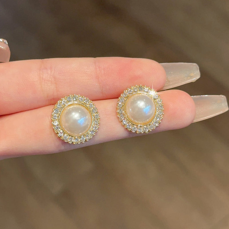 Elegant Round Rhinestone Pearl Stud Earrings