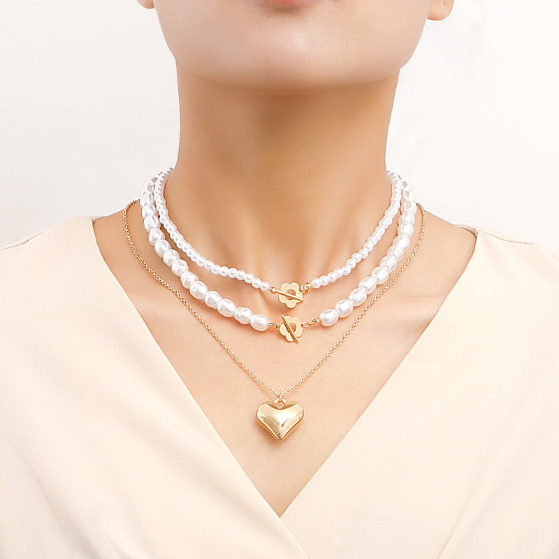 Multi-layer Pearl Necklace Exaggerated Double Layer Gold Heart Pendant Necklace