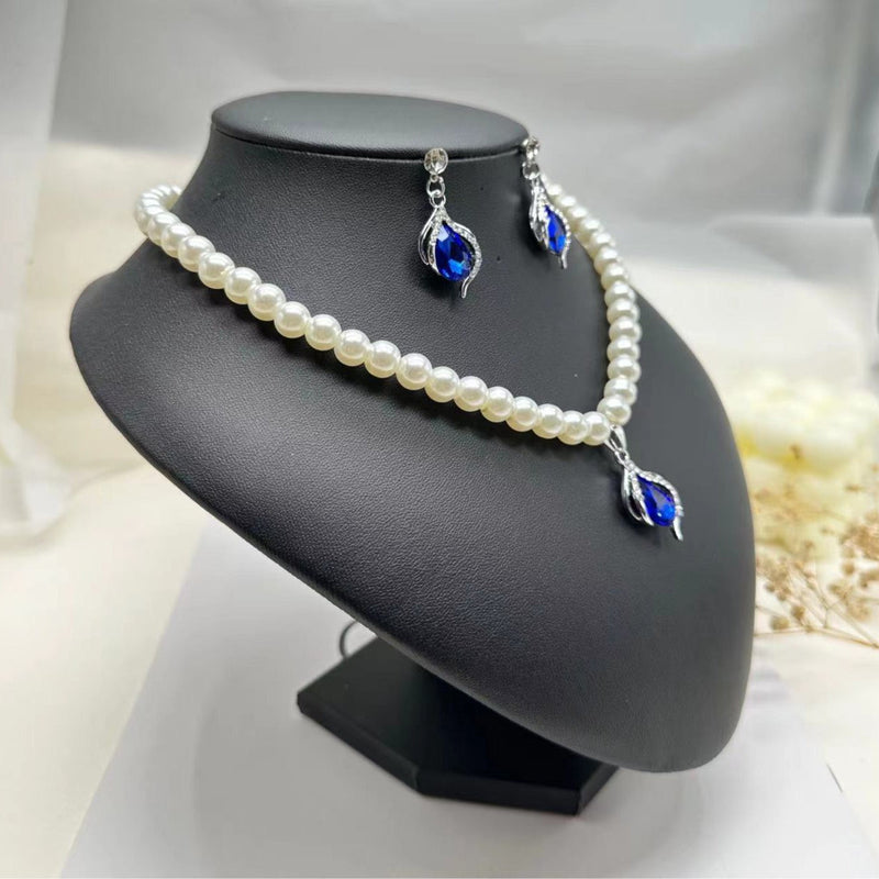 Blue RhineStone Pendant Pearl Beaded Necklace Jewelry Set