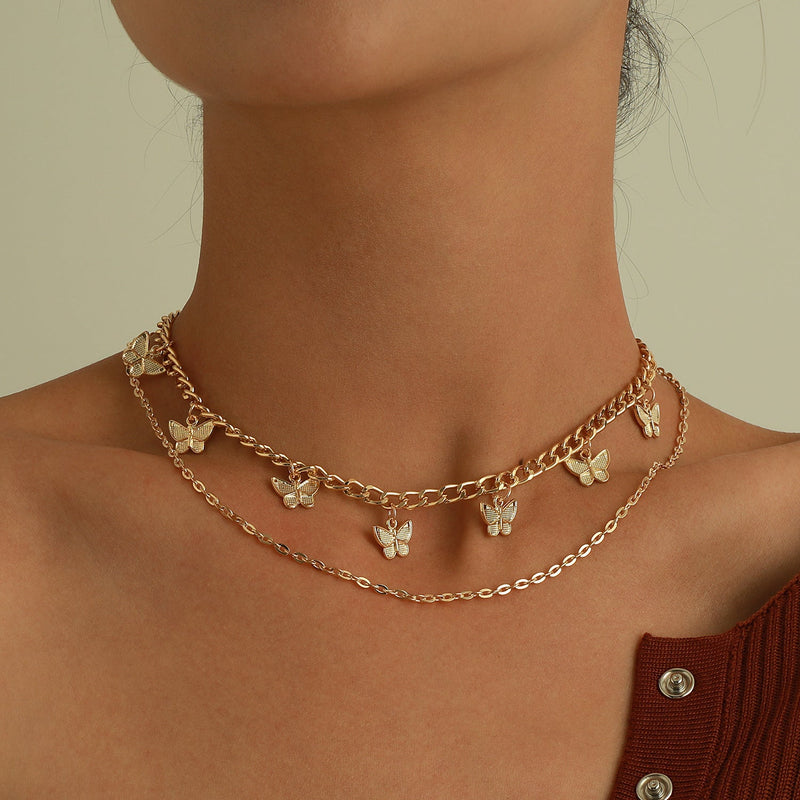 Classic Layered Chokers Butterfly Pendant Tassel Necklaces