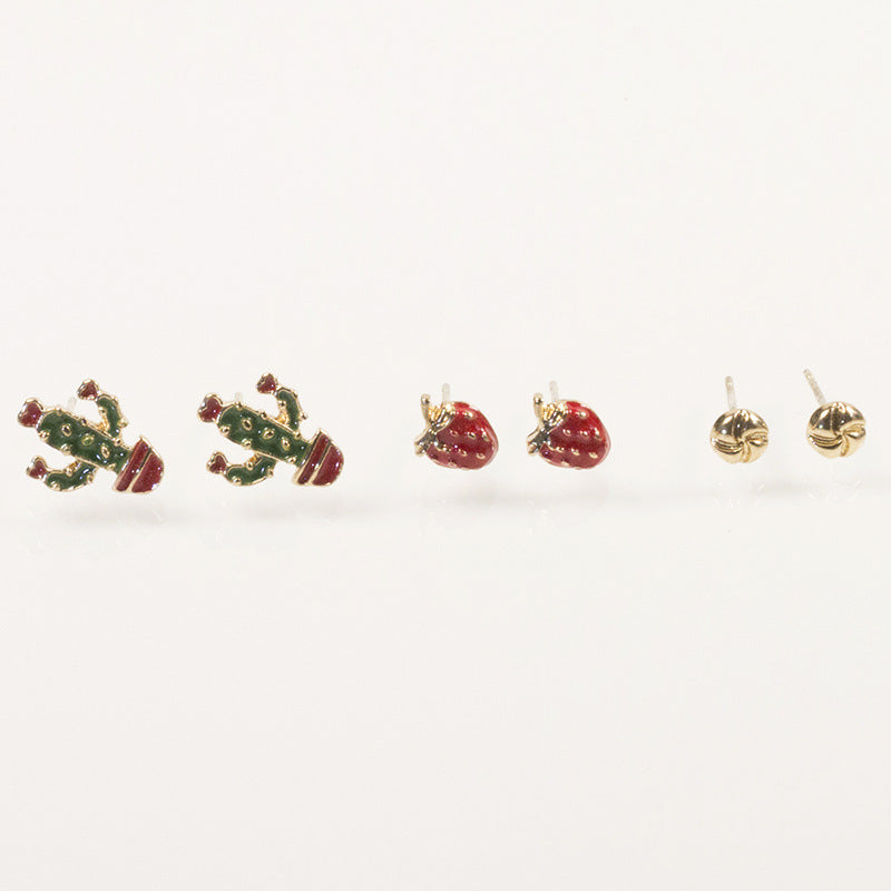 Cactus strawberry stud earrings set