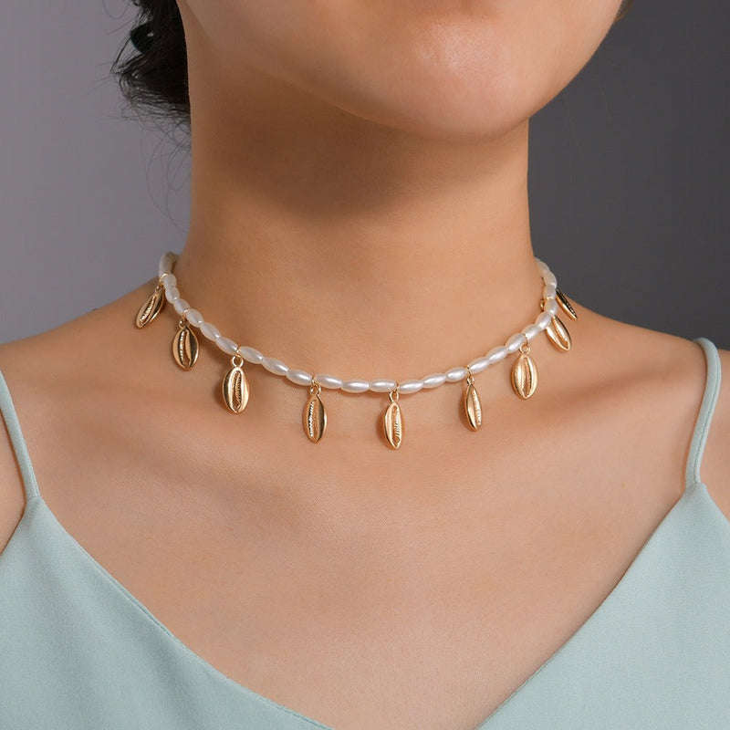 Simple Imitation Pearl Sea Shell Pendant Necklace