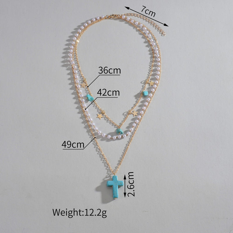 Turquoise Cross Pendant Stars Stone Pearl Multi-Layered