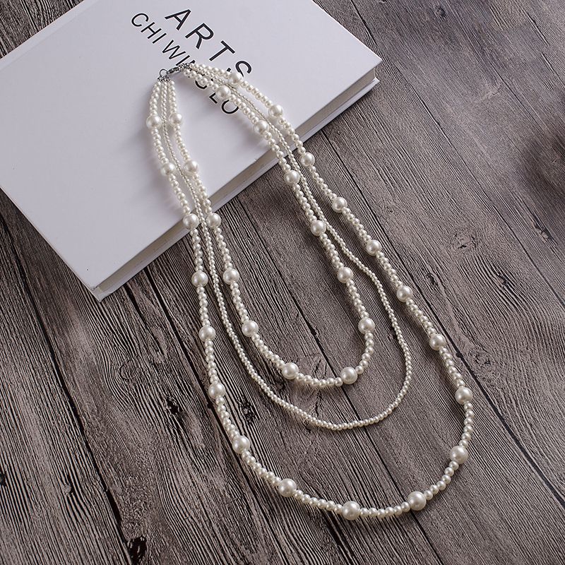 Round Glass Pearl Layer Necklace Vintage Beaded Sweater Chain