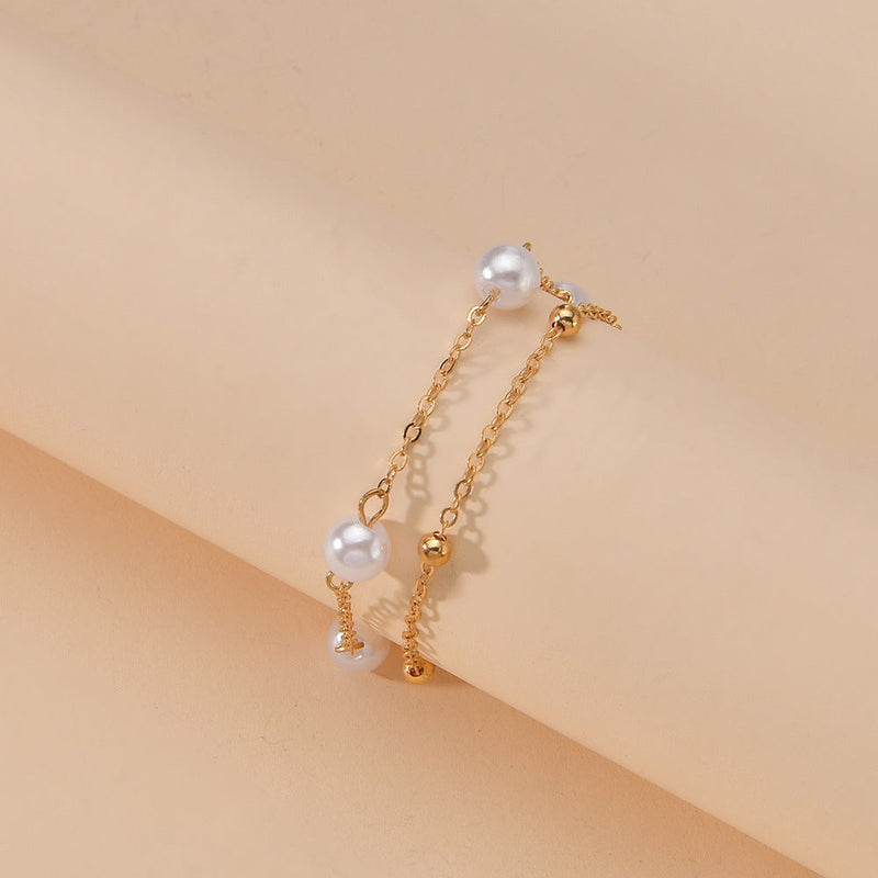 Boho Style Imitation Pearl Layered Beaded Anklet Jewelry