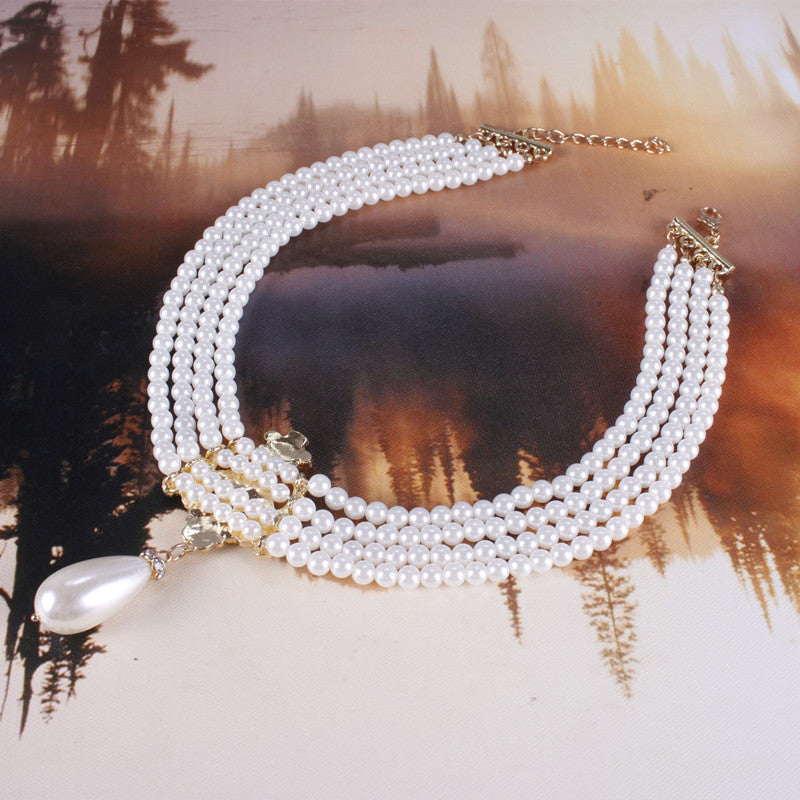 Multi-layered Pearl Necklace Exaggerated Rhinestone Sweet Bride Necklace