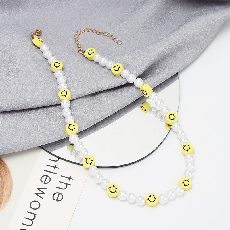 Bohemian Style Smiley Face and White Resin Pearl Necklace