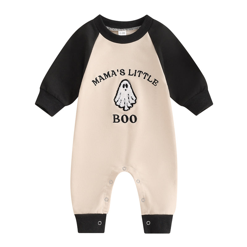 Letter Ghost Embroidery Color blocked Long sleeved Cartoon Cute jumpsuit Crawler