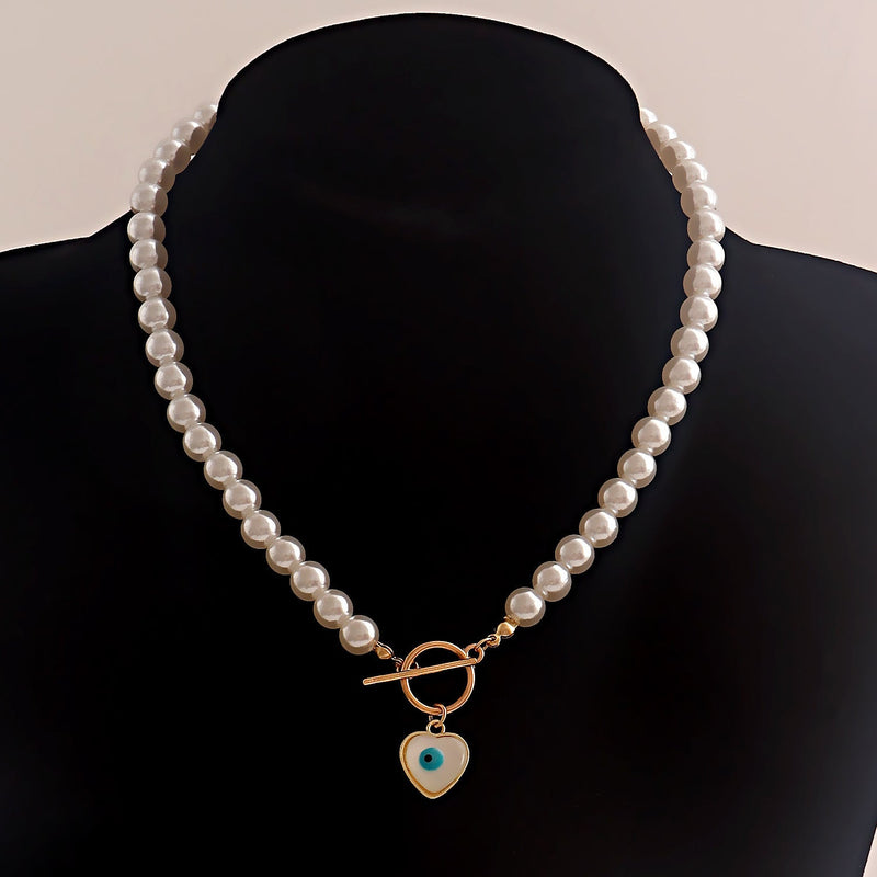 Pearl Beads Chain Necklace Blue Turquoise Heart Pendant Choker