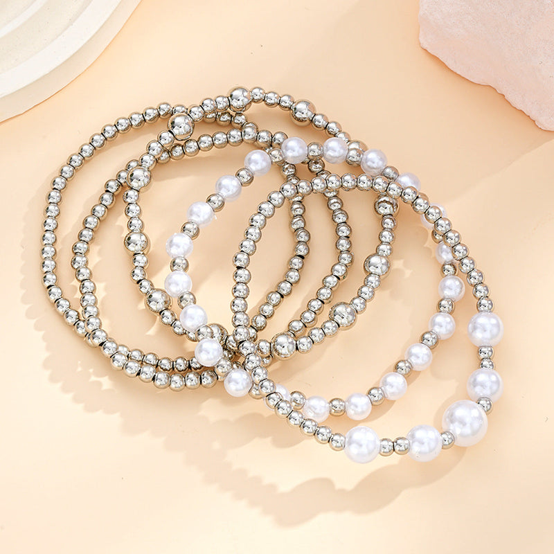 Imitation Pearl Metallic Round Beads Bracelet Set