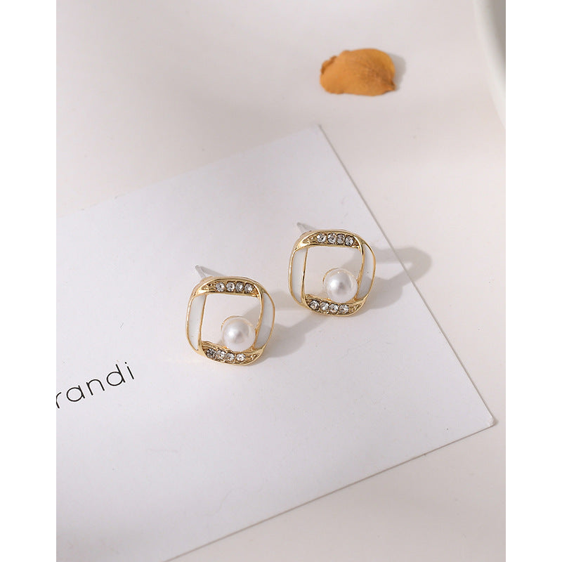 Geometry Hollow Rhinestone Pearl Stud Earrings