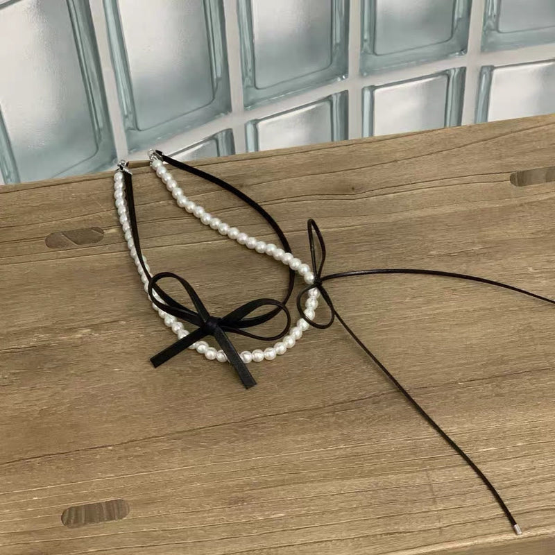 Double-layer Pearl Leather butterfly Collar Necklace Jewelry