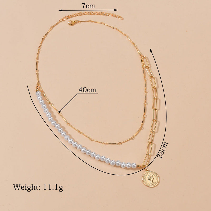 Punk Jewelry Imitation Pearl Coin Pendant Necklace