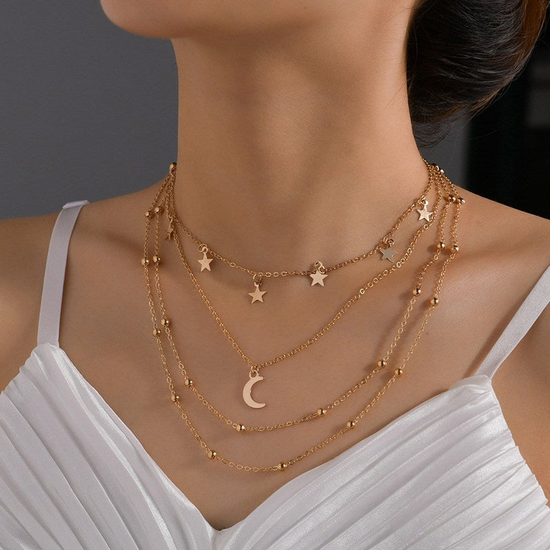 Fashion Star and Moon Three Layer Plated Gold Necklace