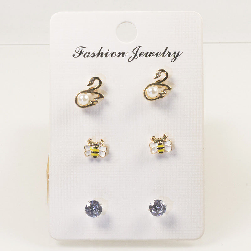Swan Bee Stud Earrings Set