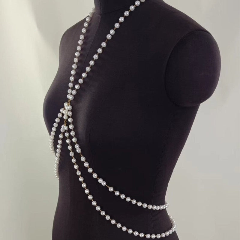 Double Layer Cross White Pearl Waist Chain for Women
