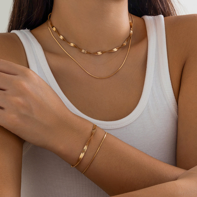 Double Layer Snake Bone Chain Bracelet Necklace Jewelry Set