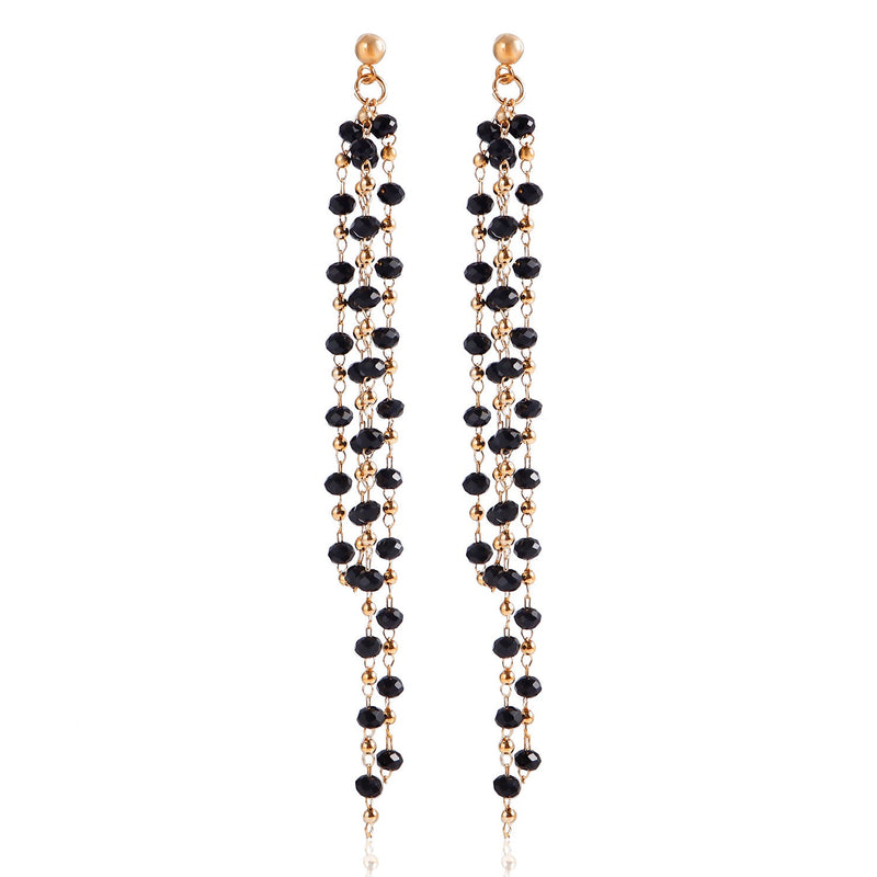 Black Glass Bead Tassel Earrings