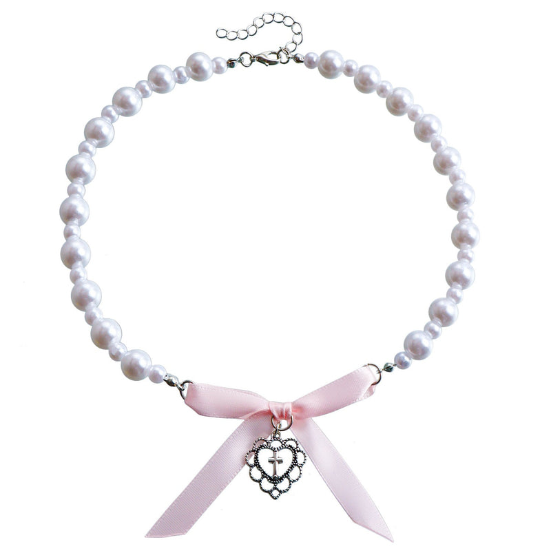 Trendy Heart with Cross Imitation Pearl Ribbon Bow Choker