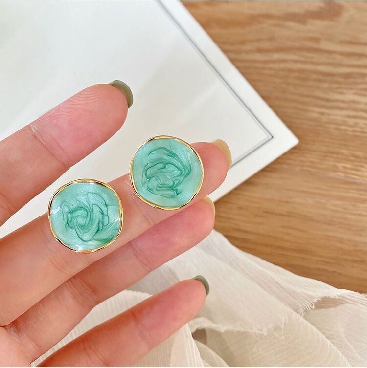 Enamel Green Round Glazed Earrings