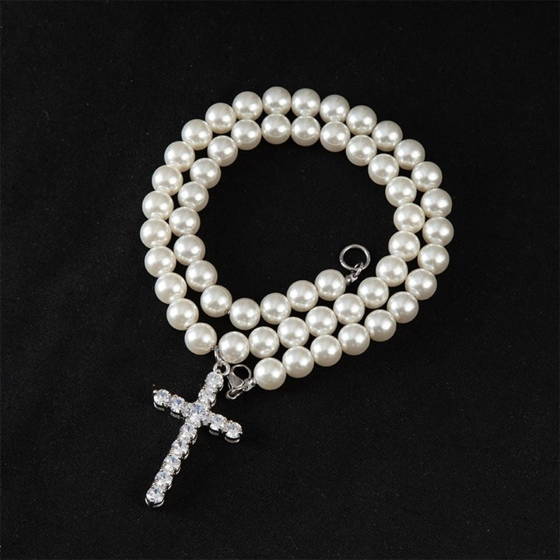 Cross Pendant Pearl Beaded Necklace