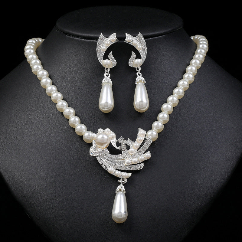Pearl Necklace Earrings Set Bridal Fashionable New Alloy Two-piece Jewelry Set