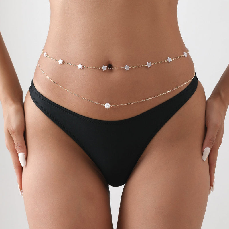Hip Hop Metallic Pearl Star Layer Belly Waist Chain Jewelry