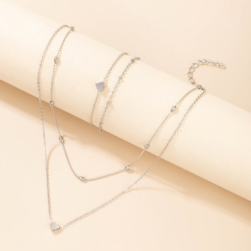 Multi Layer Clavicle Chain Peach Heart Pendant Necklace Jewelry Set