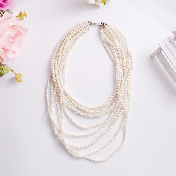 Beaded Pearl Strand Layered Long Fashion Jewelry Necklace
