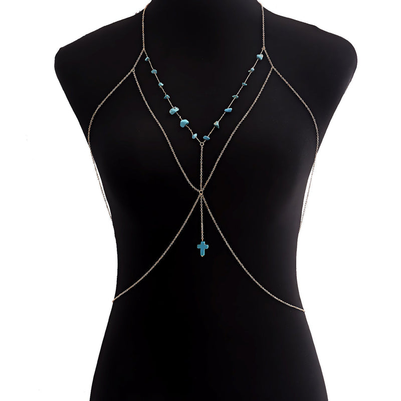 Sexy Cross Stone Beads Body Chains Bikini Belly Bra for Women