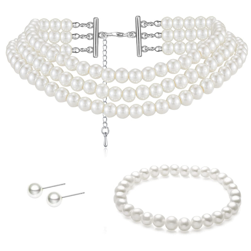 Vintage Dainty Multilayer Faux Pearl Choker Necklaces and Earrings