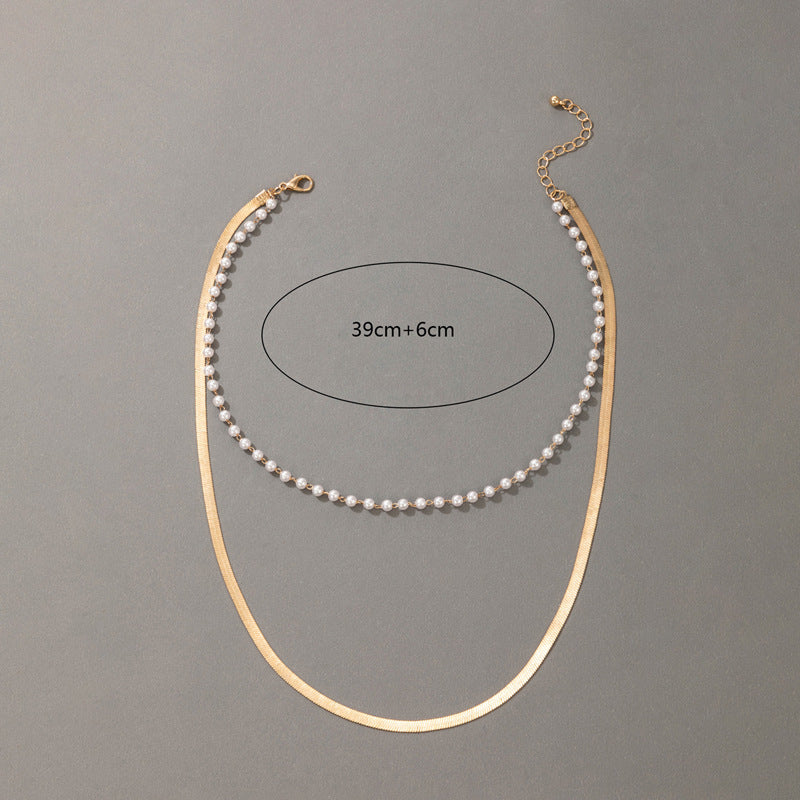 Multilayer Pearl Flat Blade Chain Choker Necklace