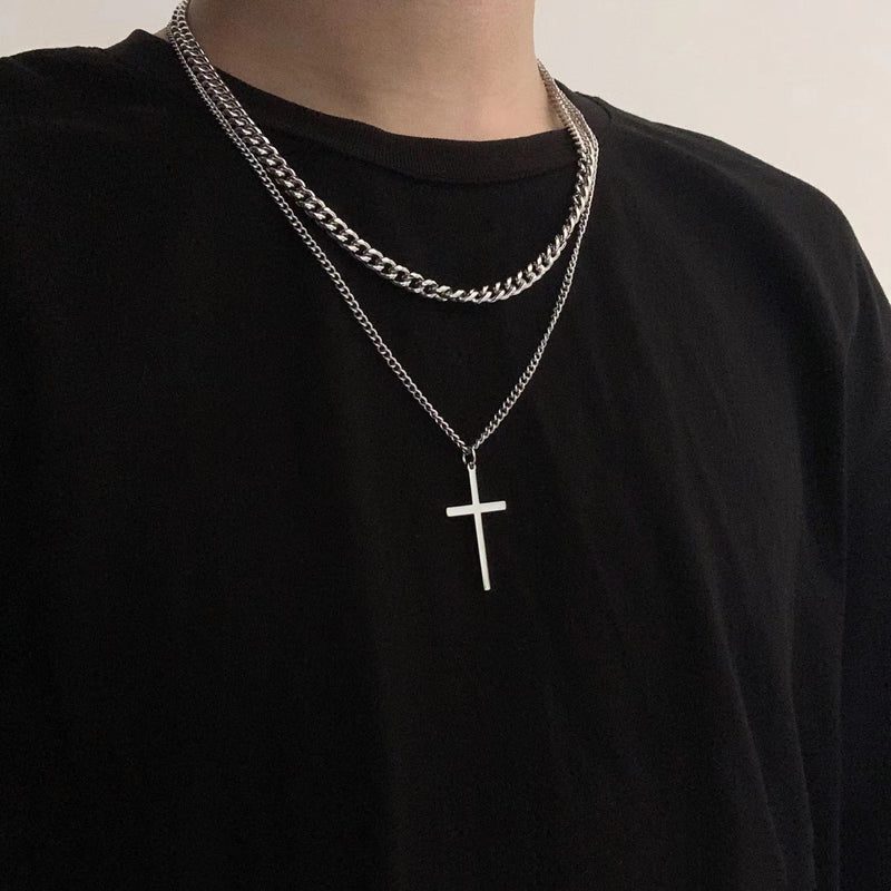 Double Layer Chain Cross Pendant Necklace