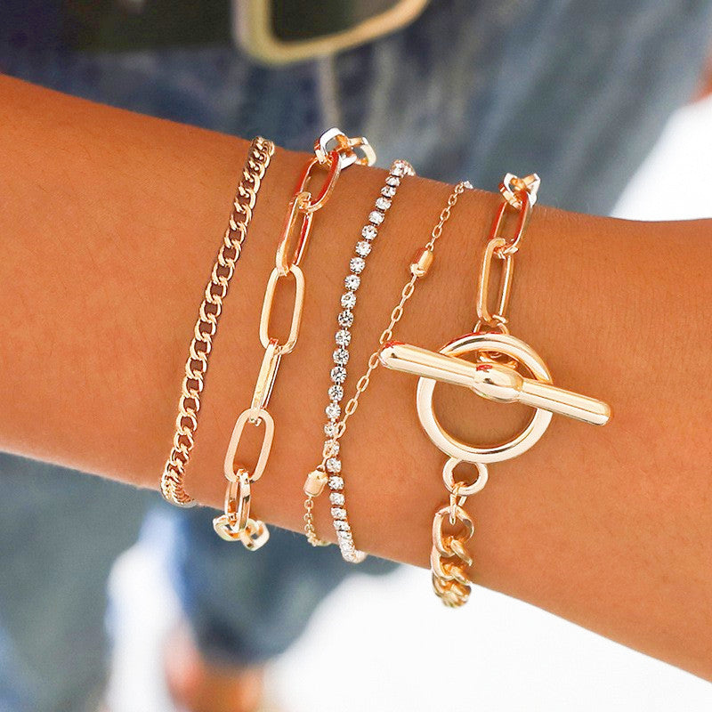 Multi-layer Rhinestone Chain Geometric Hollow Heart Bracelet