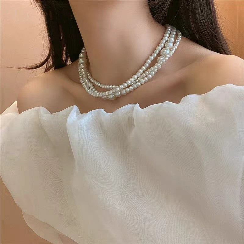 Twisted Multi-Strand Simulated Pearl Glass Bead Statement Necklace