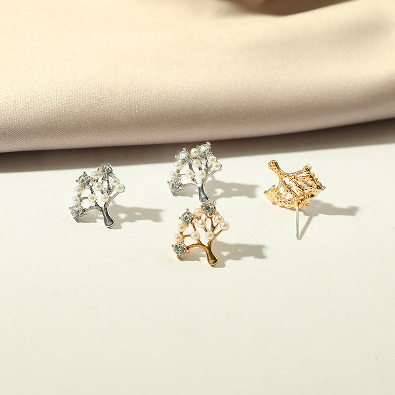 Tree Leaf Leaves Rhinestone Stud Earrings