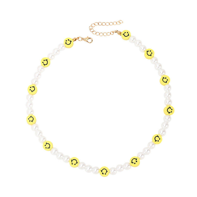 Bohemian Style Smiley Face and White Resin Pearl Necklace