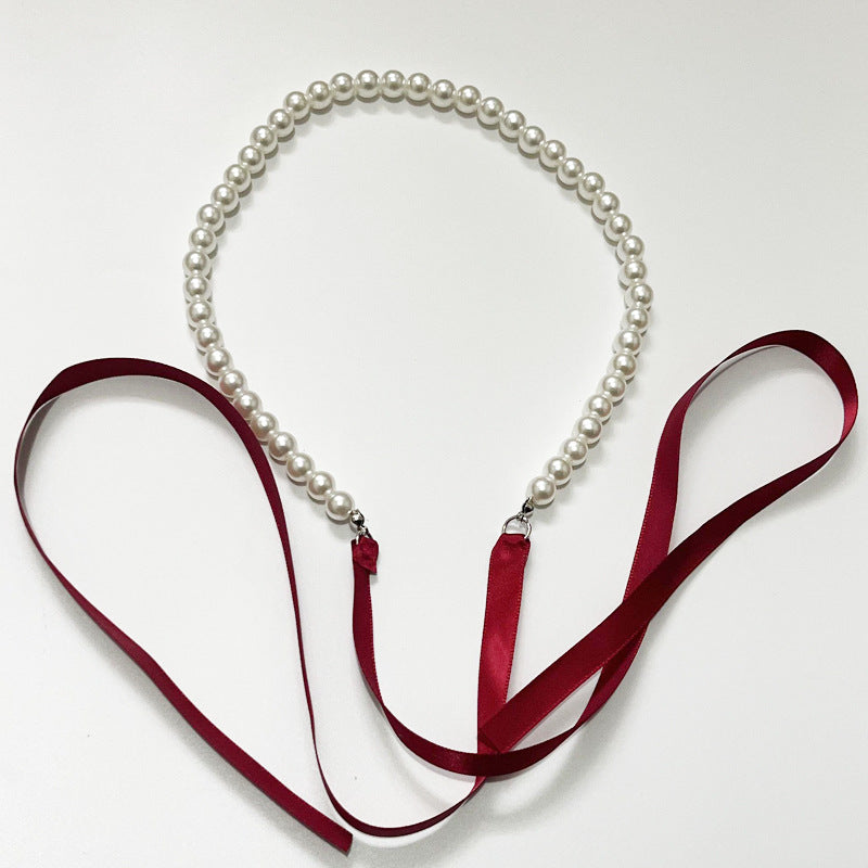 White Imitation Pearl Choker Necklace Women Long Black Ribbon