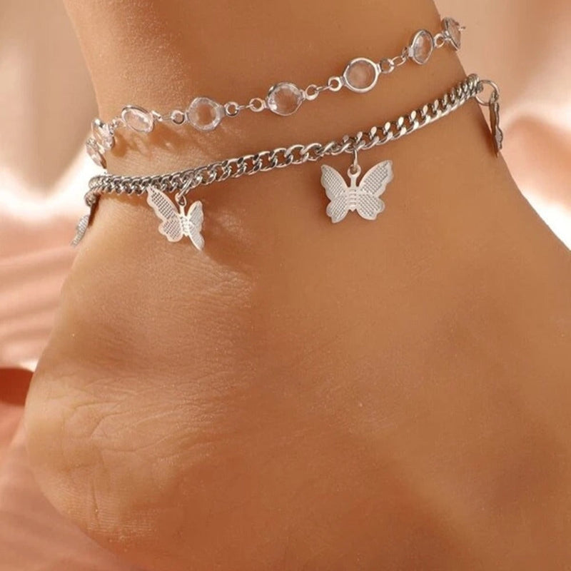 Rhinestone butterfly Pendant Double Layer Anklet Jewelry