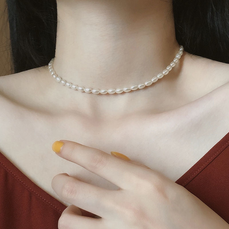 Oval Glass Pearl Chain Necklace