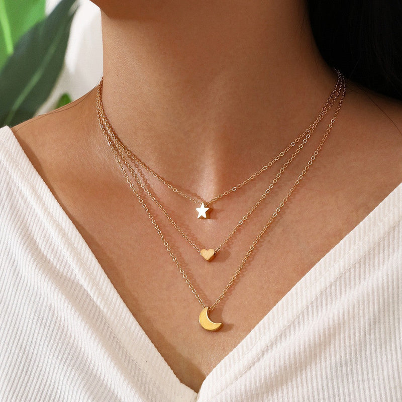 Chain Moon Star Heart Necklace Women Multi Layer Chains